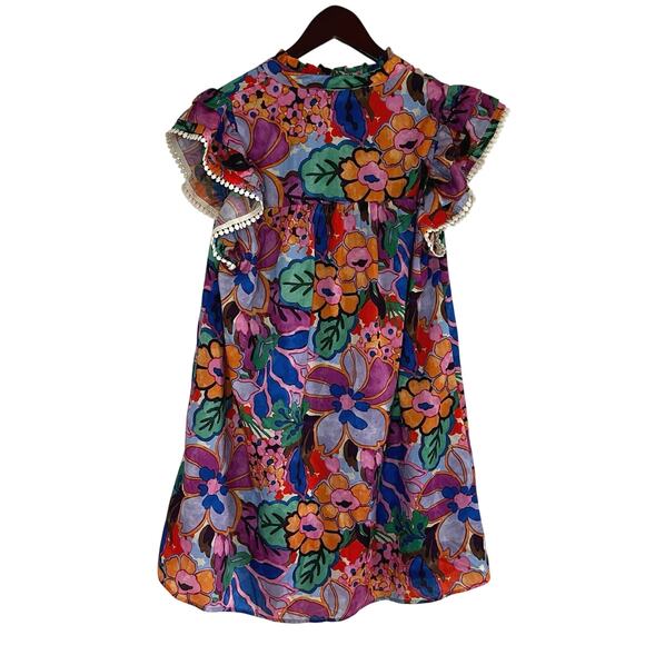 THML Abstract Floral Print V-Neck Dress Tassels  Ruffle Cap Sleeve Boho Size M - Picture 2 of 7